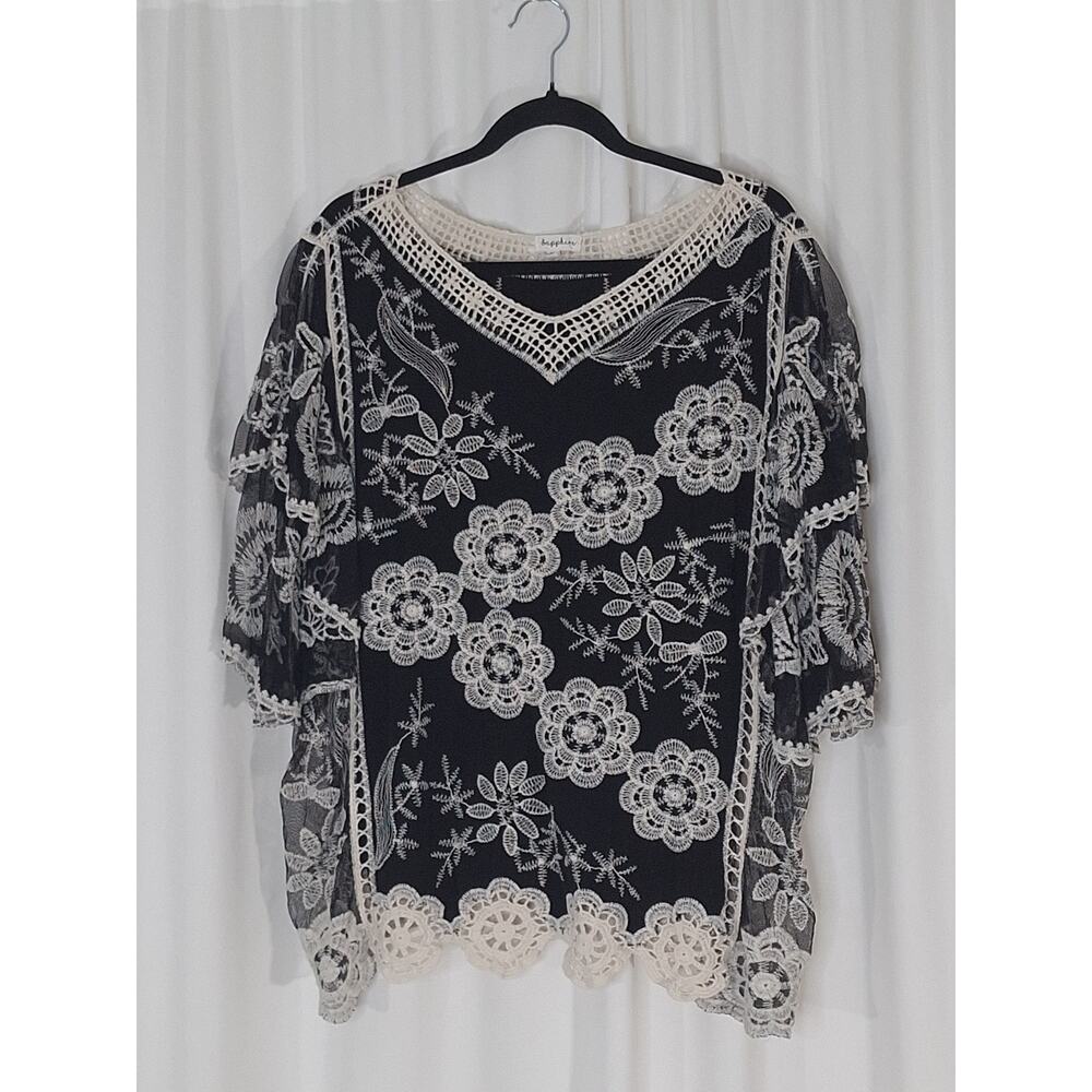 Sapphire 2X Black Floral Blouse White Crochet Lace Overlay Tunic Boho V Neck